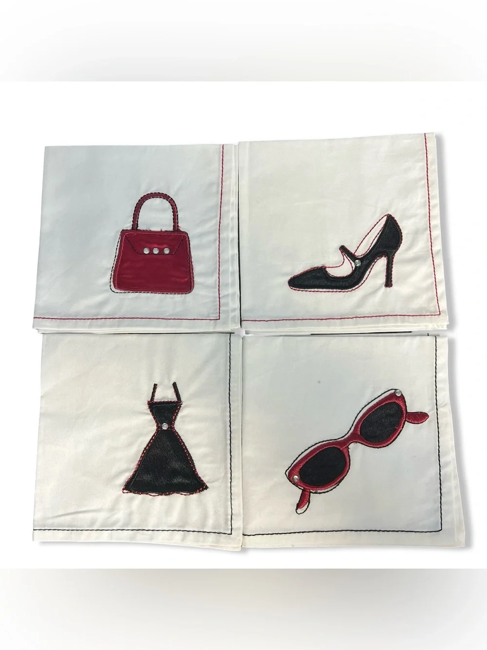 Set Of 4 Embroidered Fashion Motif Cotton Cloth Cocktail Napkins White Black Red
